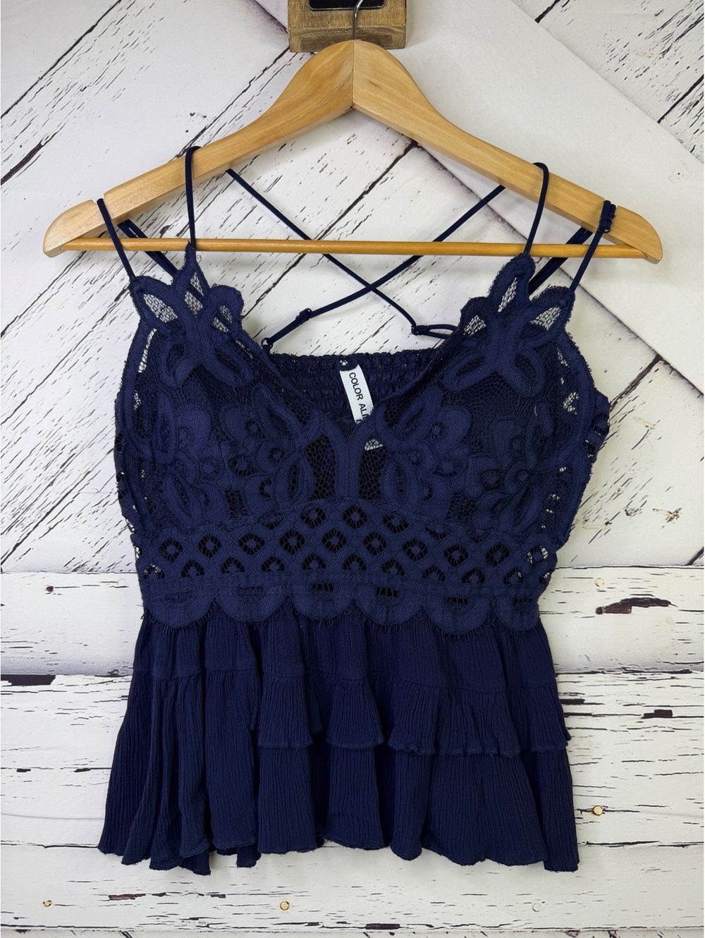Color Alien Navy Blue Lace Crochet Boho Ruffle Tiered Bralette Cami Top Women XL